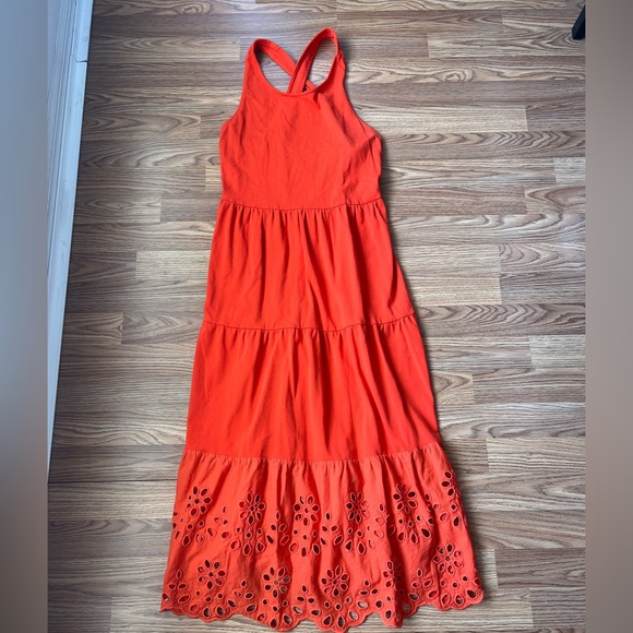 J Crew Orange Tiered Eyelet Maxi Dress Cross Straps Racerback women’s small - Picture 1 of 7